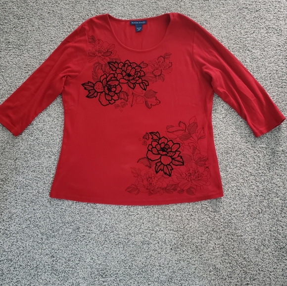 Karen Scott Red XL 100% cotton long sleeve top with black floral design - Picture 2 of 5